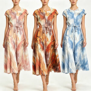 Low Shrink Pleated Abstract Print Midi Dress Women Round Neck Cap Sleeve Tie Waist Belted A‑Line Long Dress Artistic Printed Casual Vacation Dress Custom Logo Wholesale