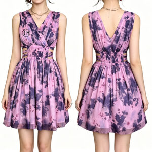 Low Shrink Women V Neck Cutout Waist Floral Mini Dress Sleeveless Back V Zip A Line Flowy Skirt Tie Dye Print Summer Vacation Party Dress Custom Logo Wholesale