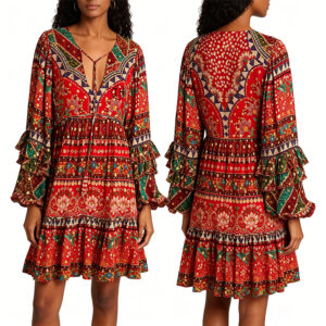 Low Shrink Boho Floral Print Mini Dress Women V Neck Tie Front Ruffle Long Sleeve Tiered Holiday Beach Dress Ethnic Vacation Dress Custom Logo Wholesale