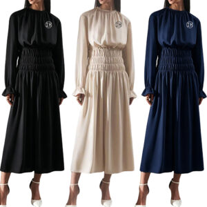 Low Shrink Textured Woven Midi Dress Women Ruffle Mock Neck Long Lantern Sleeve Smocked Waist Flowy Casual Work Dress