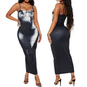 Low Shrink Gradient Print Spaghetti Strap Maxi Bodycon Dress Women Square Neck Bustier Printed Stretch Slim Fit Party Long Dress