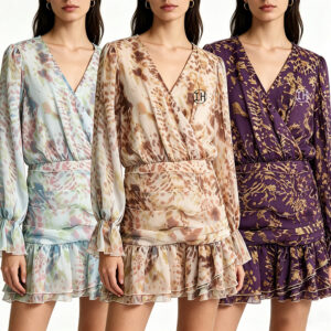 Low Shrink Printed Chiffon Mini Dress Women Wrap V Neck Long Puff Sleeve Ruched Waist Ruffle Hem Casual Short Dress