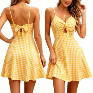 Low Shrink Gingham Spaghetti Strap Mini Dress Women Twist Cutout V Neck Back Bow Tie High Waist A Line Summer Casual Dress