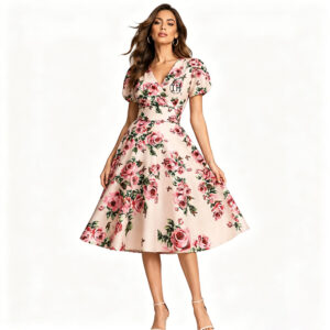 Low Shrink Spandex Polyester Floral Midi Dress Women V Neck Puff Sleeve Vintage Rose Print Swing Dress