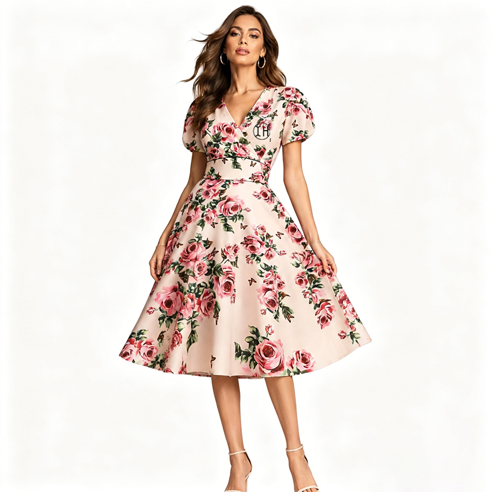 Low Shrink Spandex Polyester Floral Midi Dress Women V Neck Puff Sleeve Vintage Rose Print Swing Dress