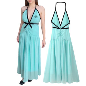 Low Shrink Women Halter Maxi Dress Contrast Trim Deep V Neck Bow Tie Waist Ruched Flowy Long Chiffon Vacation Dress
