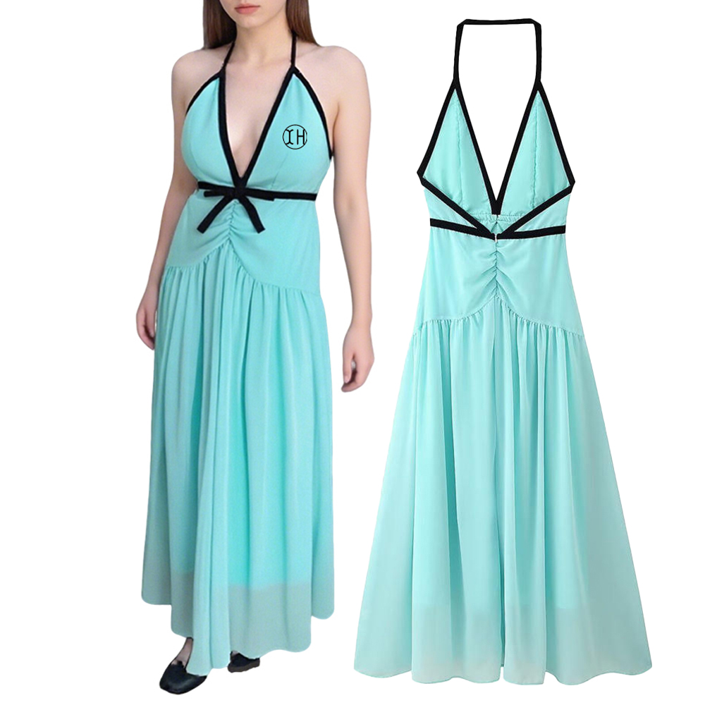 Low Shrink Women Halter Maxi Dress Contrast Trim Deep V Neck Bow Tie Waist Ruched Flowy Long Chiffon Vacation Dress