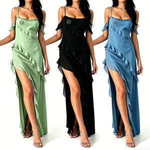 Low Shrink Chiffon Ruffle Slit Maxi Dress, Women Off Shoulder Spaghetti Strap Asymmetrical Ruffle Long Dress, High Slit Evening Party Vacation Dress Custom Logo Wholesale