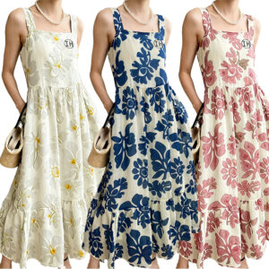 Low Shrink Women Floral Print Midi Dress Square Neck Spaghetti Strap Tiered Ruffle Swing Sundress With Pockets