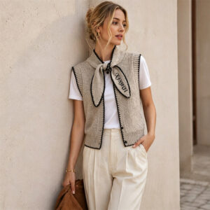 Women Low Shrink Cable Knit Vest, Bow Tie Collar Sleeveless Knit Cardigan Contrast Trim Vintage Layering Waistcoat