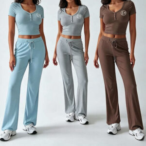 Low Shrink Women 2 Piece Loungewear Set, Henley V Neck Short Sleeve Crop Top & Drawstring Flared Pants Casual Matching Outfit