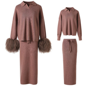Low Shrink Knit Two Piece Set Detachable Furry Cuff Polo Sweater & Midi Skirt Women Fall Winter Matching Outfit