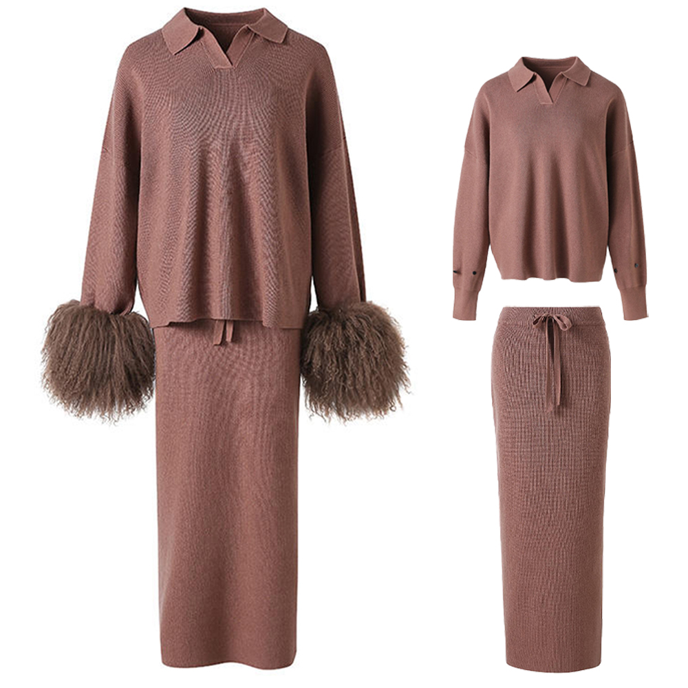 Low Shrink Knit Two Piece Set Detachable Furry Cuff Polo Sweater & Midi Skirt Women Fall Winter Matching Outfit