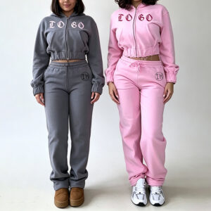 Low Shrink Women Crop Hoodie Tracksuit Raw Edge Zip Up Hooded Jacket Wide Leg Sweatpants 2 Piece Outfit Custom Logo