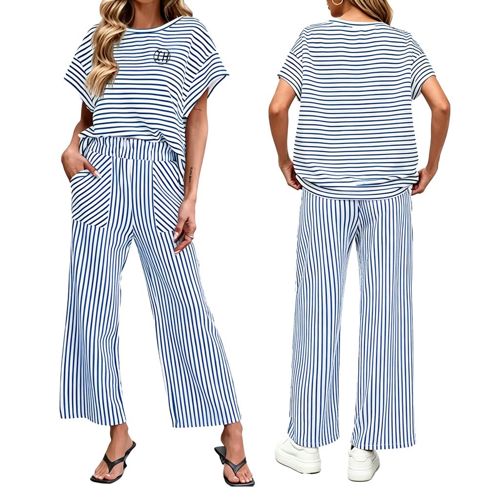 Low Shrink Striped Two Piece Outfit Women Batwing Short Sleeve Top High Waist Wide Leg Crop Pants Loungewear Set With Pockets Custom Logo