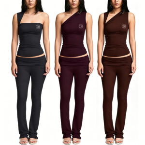 Low Shrink Stretch Knit Two Piece Outfit Women Asymmetric One Shoulder Top Fold Over Waist Flared Pants Slim Matching Loungewear Set Custom Logo