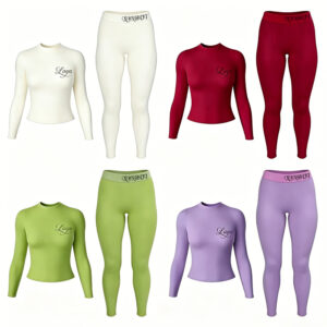 Low Shrink Cotton Spandex Knit Two Piece Outfit Women Mock Neck Long Sleeve Crop Top High Waist Skinny Leggings Fitness Loungewear Custom Logo