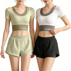 Low Shrink Quick Dry Women Yoga Outfit Fake Two Piece Crop Top Double Layer Anti Chafe Liner Running Shorts 2 Piece Workout Set Custom Logo
