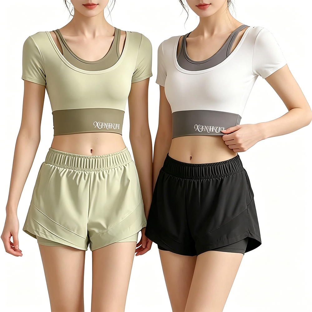 Low Shrink Quick Dry Women Yoga Outfit Fake Two Piece Crop Top Double Layer Anti Chafe Liner Running Shorts 2 Piece Workout Set Custom Logo