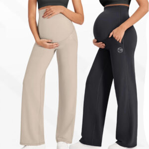 Low Shrink Over Belly Maternity Wide Leg Yoga Pants with Pockets, High Stretch Soft Pregnancy Bootcut Trousers for Daily & Workout