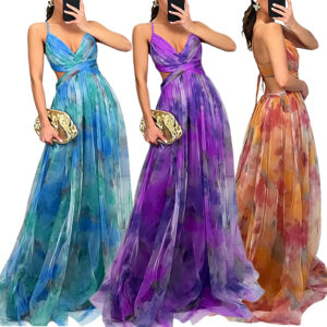 Low Shrink Polyester Nylon Blend Maxi Dress Women Spaghetti Strap V Neck Cutout Tulle Long Formal Dress