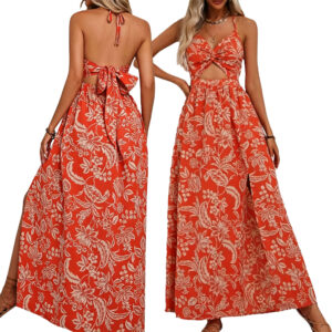 Low‑Shrink Floral Print Halter Maxi Dress Women Twist Cutout Waist Tie Back Bow High Slit Vacation Long Dress