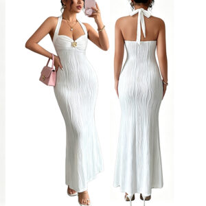 Low‑Shrink Textured Halter Mermaid Maxi Dress Women Metal Flower Decor Bodycon Evening Party Long Dress