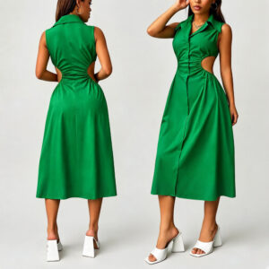 Low Shrink Pre-Shrunk Fabric Sleeveless Blazer Collar Cutout Waist Midi Dress Women Front Button Ruched Waist A-Line Flare Midi Dress Elegant Party Club Office Green Shirt Dress Custom Logo Wholesale Dropshipping