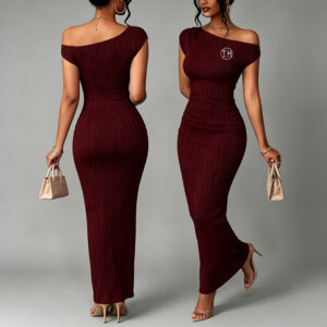 Low Shrink Textured Knit Off Shoulder Bodycon Maxi Dress Women Cap Sleeve Ruched Waist Slim Fit Mermaid Long Dress Club Evening Party Formal Dress Custom Logo Wholesale Dropshipping Burgundy Black White Brown Multi Colors