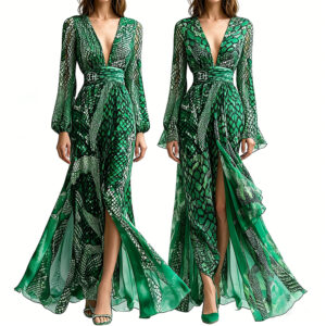 Low Shrink Pre‑Shrunk Chiffon Snake Print Maxi Dress For Women, Deep V Neck Bell Long Sleeve High Slit Evening Gown, Waist Sash Formal Party Wedding Guest Long Dress Custom Logo Wholesale