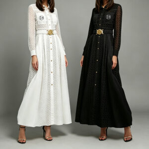 Low Shrink Pre‑Shrunk Lace Jacquard Shirt Maxi Dress Women Collar Long Sleeve With Decorative Belt Pockets Button Front Elegant Modest Long Dress Custom Logo Wholesale