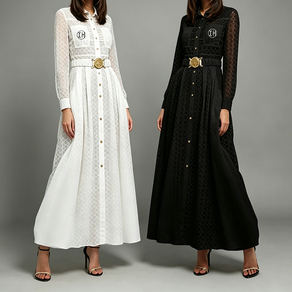 Low Shrink Pre‑Shrunk Lace Jacquard Shirt Maxi Dress Women Collar Long Sleeve With Decorative Belt Pockets Button Front Elegant Modest Long Dress Custom Logo Wholesale