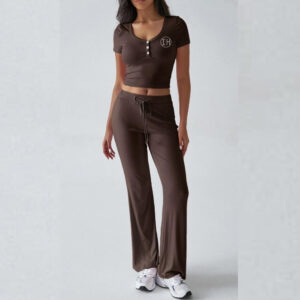 Low Shrink Women 2 Piece Loungewear Set, Henley V Neck Short Sleeve Crop Top & Drawstring Flared Pants Casual Matching Outfit 1