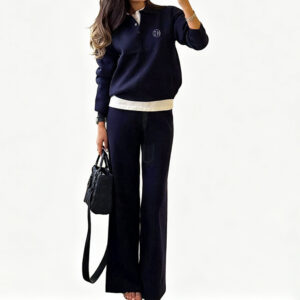 Low Shrink Knit Two Piece Outfit Women Polo Collar Fake Layer Long Sleeve Top High Waist Wide Leg Pants Casual Loungewear Matching Set Custom Logo 1