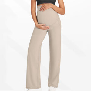Low Shrink Over Belly Maternity Wide Leg Yoga Pants with Pockets, High Stretch Soft Pregnancy Bootcut Trousers for Daily & Workout 1