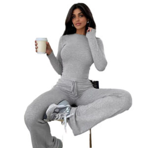 Low‑Shrink Skinny Knit 2 Piece Outfit Cotton Polyester Blend Long Sleeve Crop Top Drawstring Flare Pants Women Loungewear Set 1