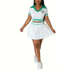 Low Shrink Knit 2 Piece Outfit Women Contrast Polo Crop Top & Pleated Mini Skirt Preppy Tracksuit 1 (2)