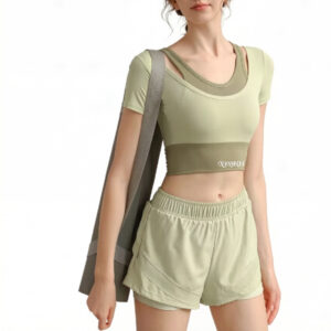 Low Shrink Quick Dry Women Yoga Outfit Fake Two Piece Crop Top Double Layer Anti Chafe Liner Running Shorts 2 Piece Workout Set Custom Logo 1 (4)