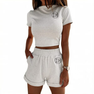 Low Shrink Women Mock Neck 2 Piece Outfit, Short Sleeve Crop Top & High Waist Elastic Cuffed Pocket Shorts Summer Loungewear Matching Set 1775008893803