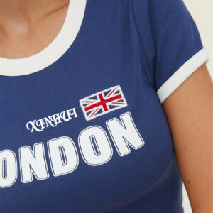 Women Low Shrink LONDON Ringer Crop Top, Vintage Letter Print Short Sleeve Slim Y2K Baby Tee 3