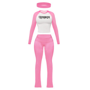 Low Shrink Women 3 Piece Tracksuit, Raglan Long Sleeve Crop Top, Fold Over Flared Leggings & Matching Headband Casual Workout Loungewear Set 3