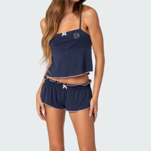 Low Shrink Stretch Knit Women Cami Short Pajama Set Skinny Fit Ruffle Trim Bow Loungewear Outfit Custom Logo Sleeveless Sleepwear 4