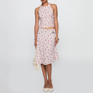 Low Shrink Floral Women 2 Piece Outfit Halter Ruched Crop Top Irregular Midi Skirt Skinny Summer Matching Set Custom Logo 4