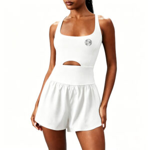 Low Shrink Women Cross Back Cutout Workout Romper, Adjustable Strap Built-in Shorts Tennis Yoga Jumpsuit Custom Logo 4