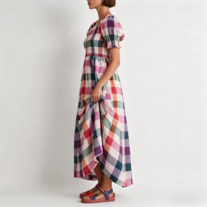 Low Shrink Pre‑Shrunk Plaid Midi Dress For Women, Square Neck Puff Short Sleeve Smocked Bodice A‑Line Long Dress, Casual Summer Vacation Gingham Maxi Dress Custom Logo Wholesale 4