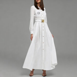 Low Shrink Pre‑Shrunk Lace Jacquard Shirt Maxi Dress Women Collar Long Sleeve With Decorative Belt Pockets Button Front Elegant Modest Long Dress Custom Logo Wholesale 4