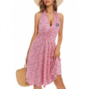 Low Shrink Pre‑Shrunk Floral Halter Midi Dress Women Deep V Neck Ruched Waist Irregular Hem Summer Beach Vacation Sundress Custom Logo Wholesale 4