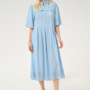 Low Shrink Woven Cotton Eyelet Embroidery Shirt Midi Dress Women Collar Half Button Pocket Pleated Casual Loose Dress 4