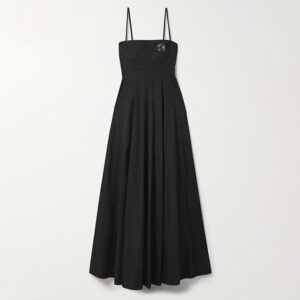 Low Shrink Polyester Cotton Blend Spaghetti Strap Maxi Dress Women Square Neck Waist Pleated Flared Long Casual Dress 4