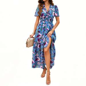 Low Shrink Chiffon Floral Maxi Dress Women V Neck Ruffle Short Sleeve Elastic Waist Split Loose Summer Casual Long Dress 4
